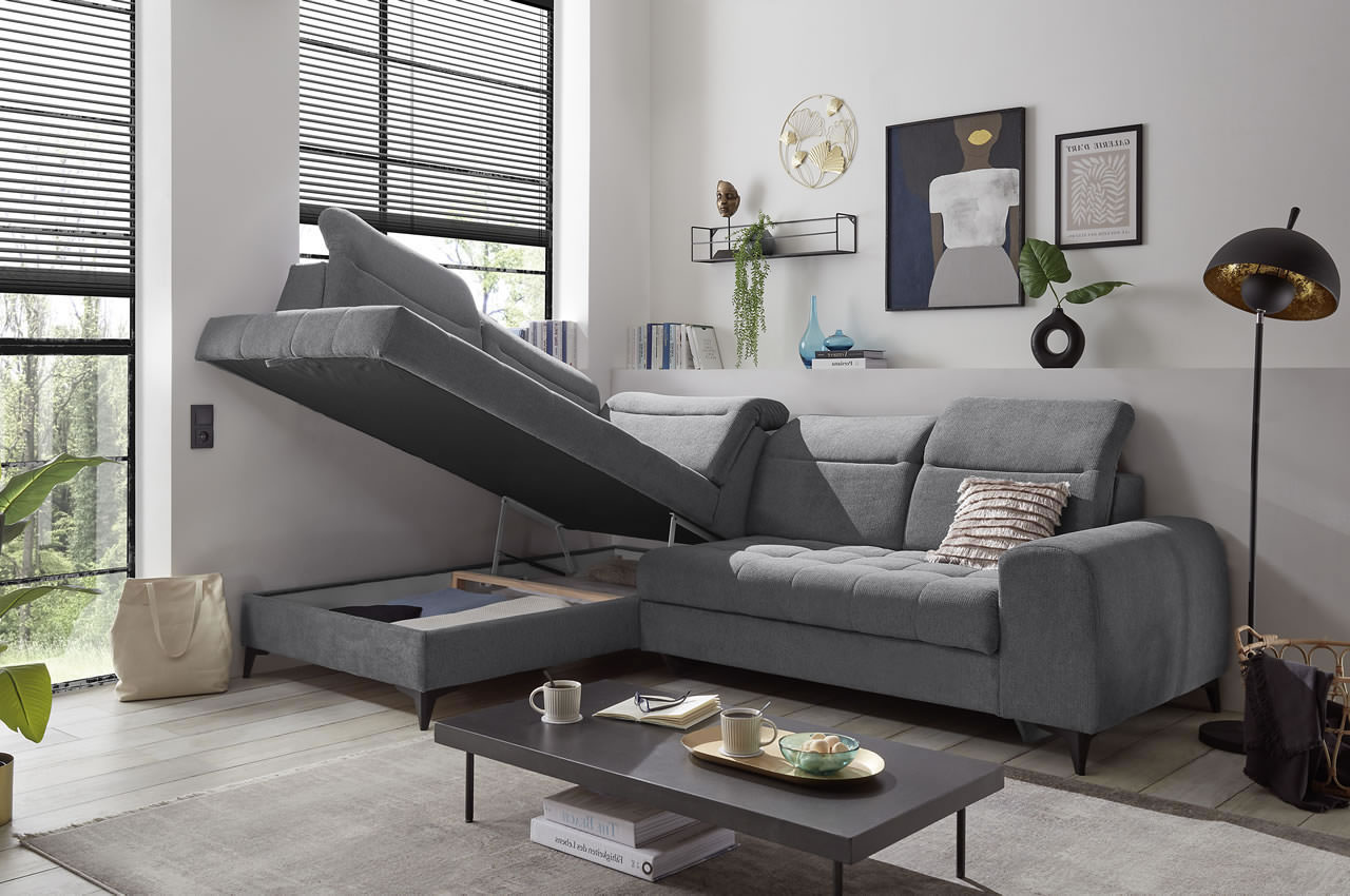 rockdale ecksofa mit ottomane links von ed lifestyle stoff glow farbe 19 anthrazit milieubild mit bettkasten