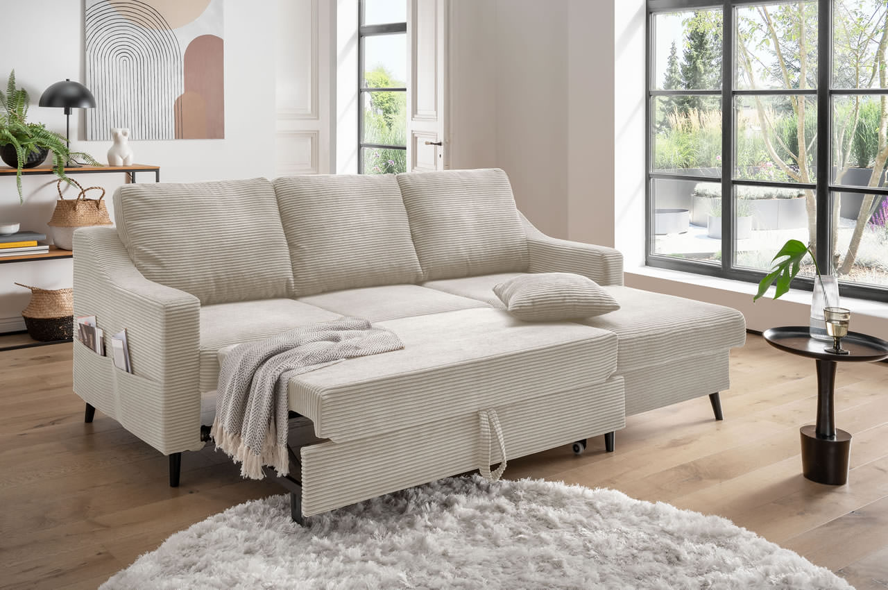 valentina ecksofa rechts cordstoff 4808 beige milieubild schlaffunktion valentina ecksofa rechts cordstoff 4808 beige milieubild schlaffunktion