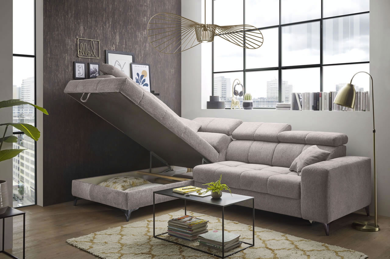 Ecksofa Sydney 2 Ottomane links Glow 05 Taupe Bettkasten Milieu