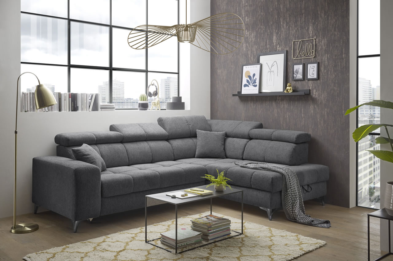 Ecksofa Sydney 2 Ottomane rechts Glow 19 Anthrazit Milieu