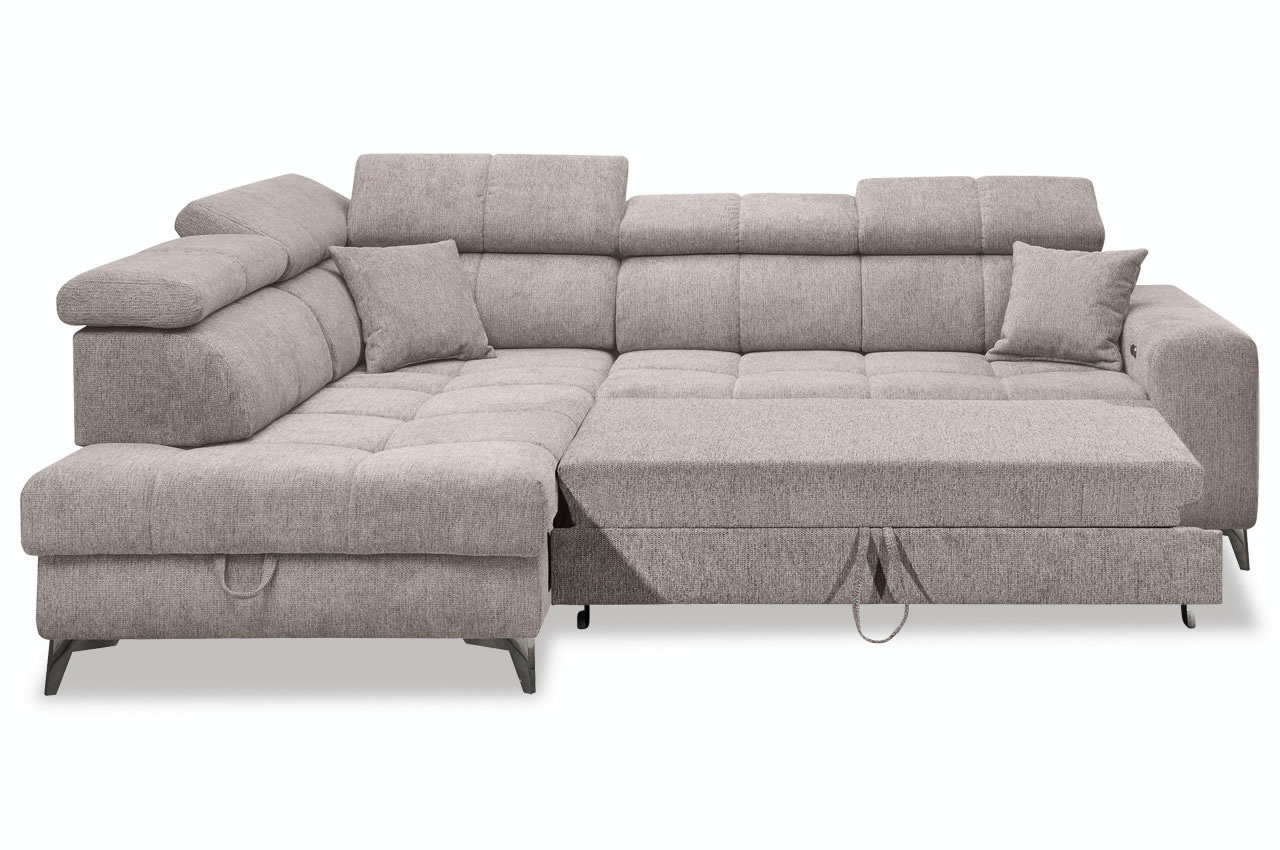 Ecksofa Sydney 2 Ottomane links Glow 05 Taupe Bettfunktion frontal