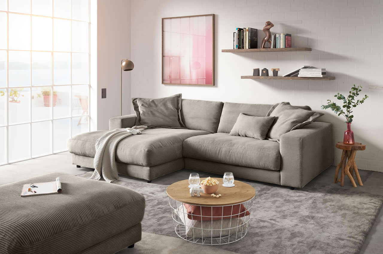 candy high end ecksofa mit longchair links cord taupe milieu