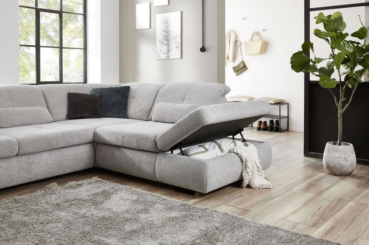 in16012 ecksofa variante rechts stoff famosa ecru milieubild bettkasten detailbild