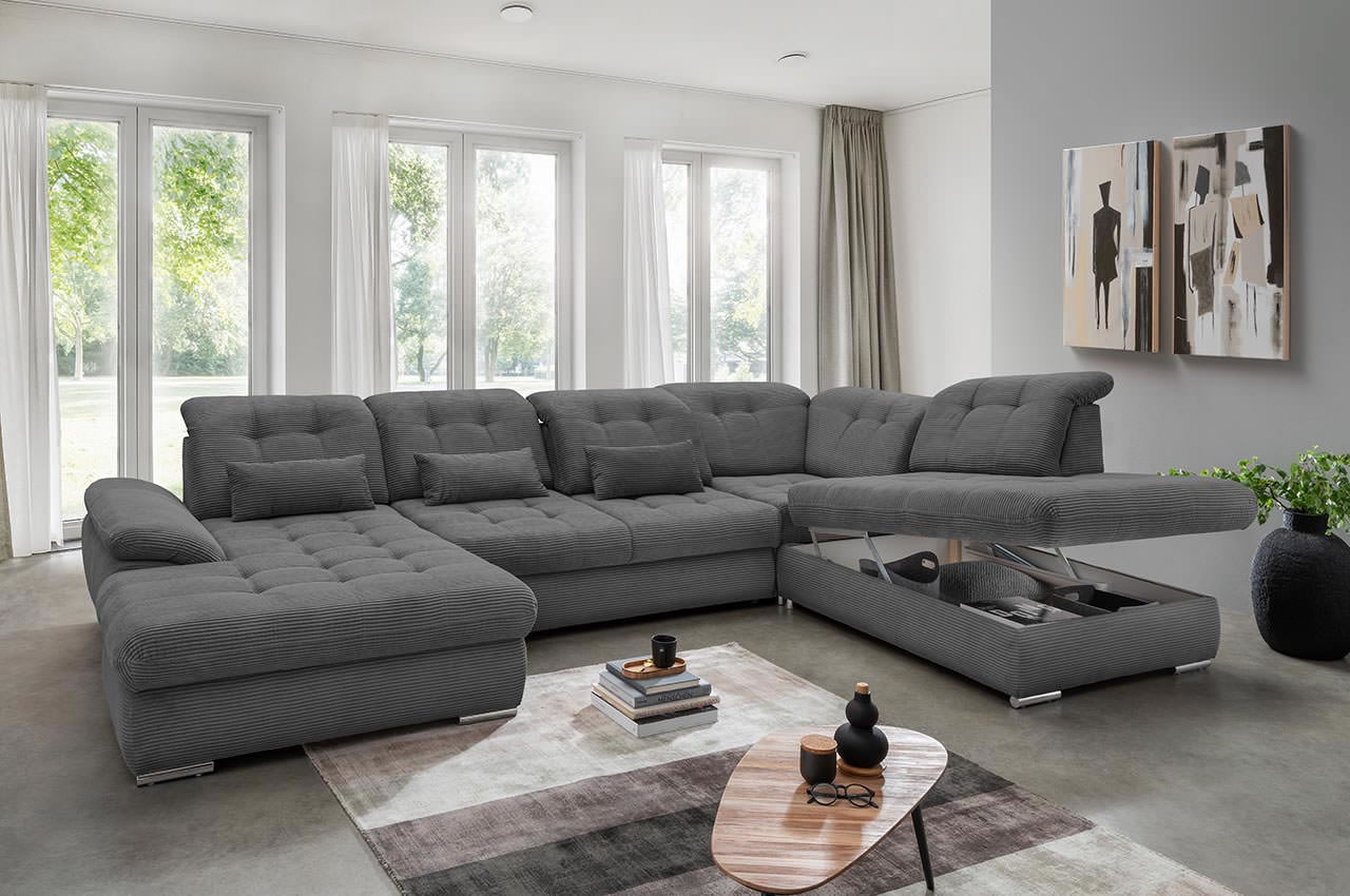 rigatti benformato wohnlandschaft rechts cordstoff 4801 anthrazit milieubild mit bettkasten