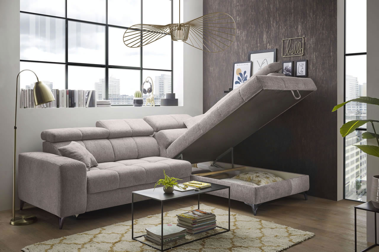 Ecksofa Sydney 2 Ottomane rechts Glow 05 Taupe Bettkasten Milieu