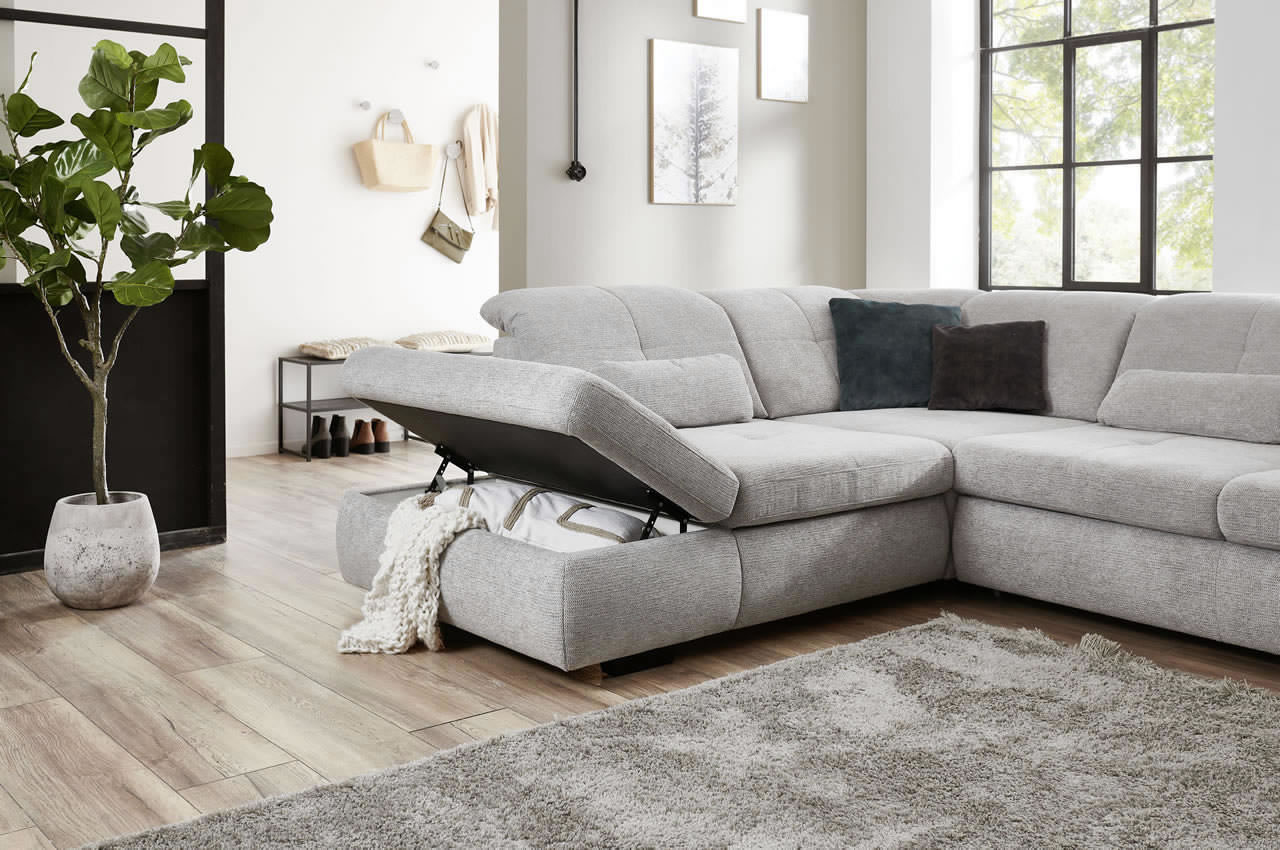 in16012 ecksofa variante links stoff famosa ecru milieubild bettkasten detailbild