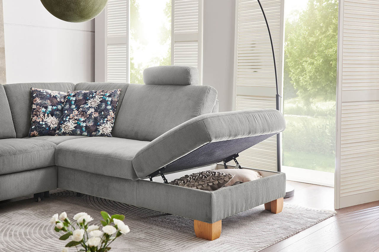 pp la24122 ecksofa rechts feincord grau milieubild mit bettkasten pp la24122 ecksofa rechts feincord grau milieubild mit bettkasten