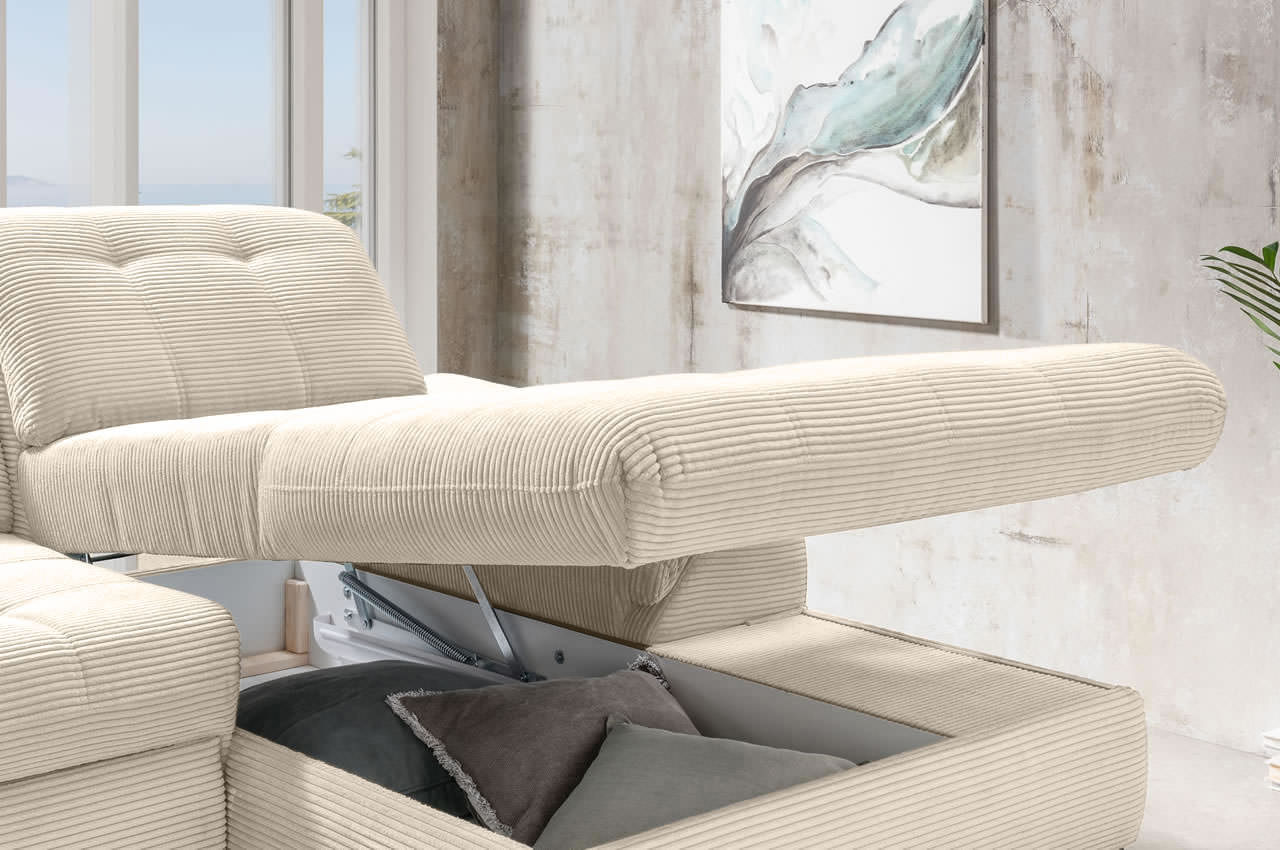 benformato delphino ecksofa variante rechts cord 4808 beige milieu detailbild bettkasten