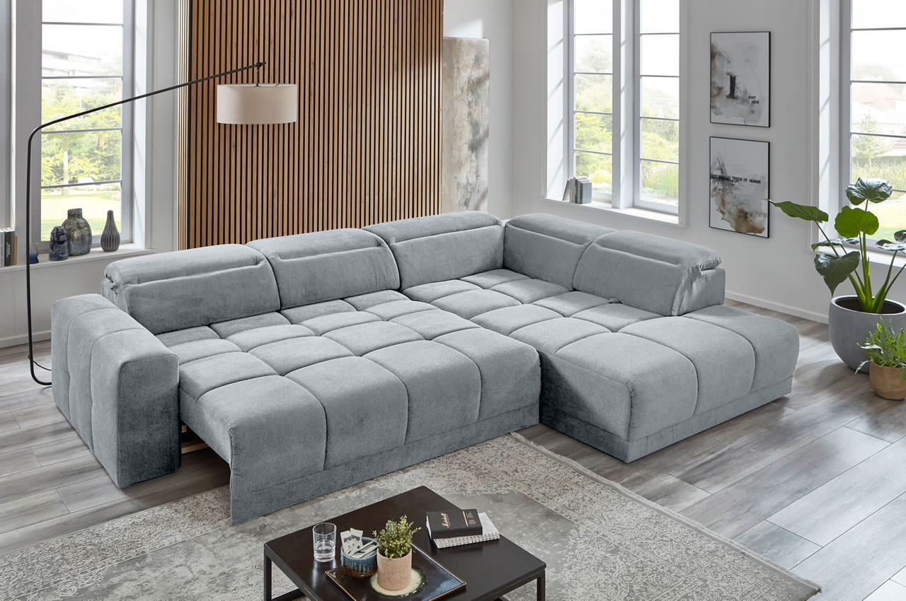 downtown ecksofa variante rechts microfaser aragon 90 hellgrau milieubild sitzvorzug