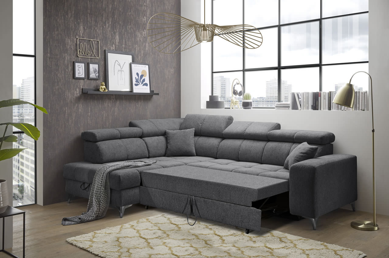 Ecksofa Sydney 2 Ottomane links Glow 19 Anthrazit Bettfunktion Milieu