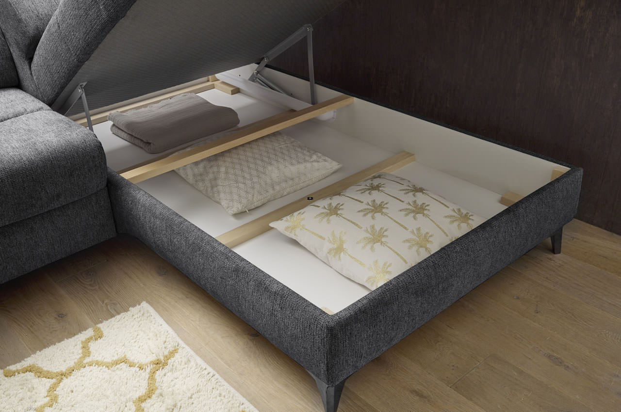 Ecksofa Sydney 2 Ottomane rechts Glow 19 Anthrazit Bettkasten Detail