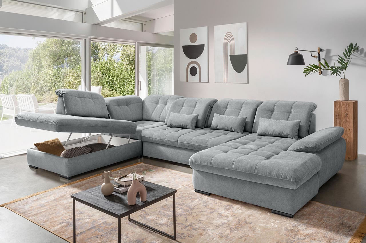 rigatti wohnlandschaft links stoff corto 9751 grau milieubild mit bettkasten