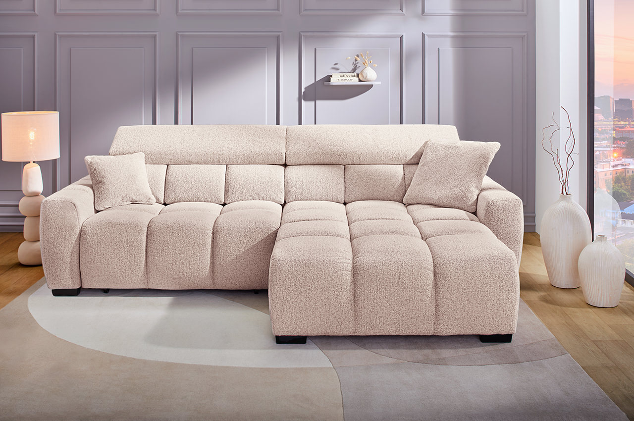 ecksofa lounge rechts 432 04 beige orange milieubild mit kopfteilverstellung