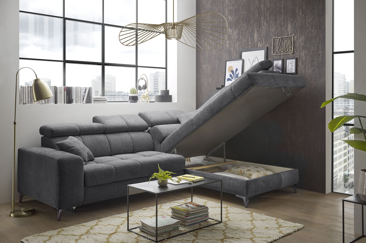 Ecksofa Sydney 2 Ottomane rechts Glow 19 Anthrazit Bettkasten Milieu