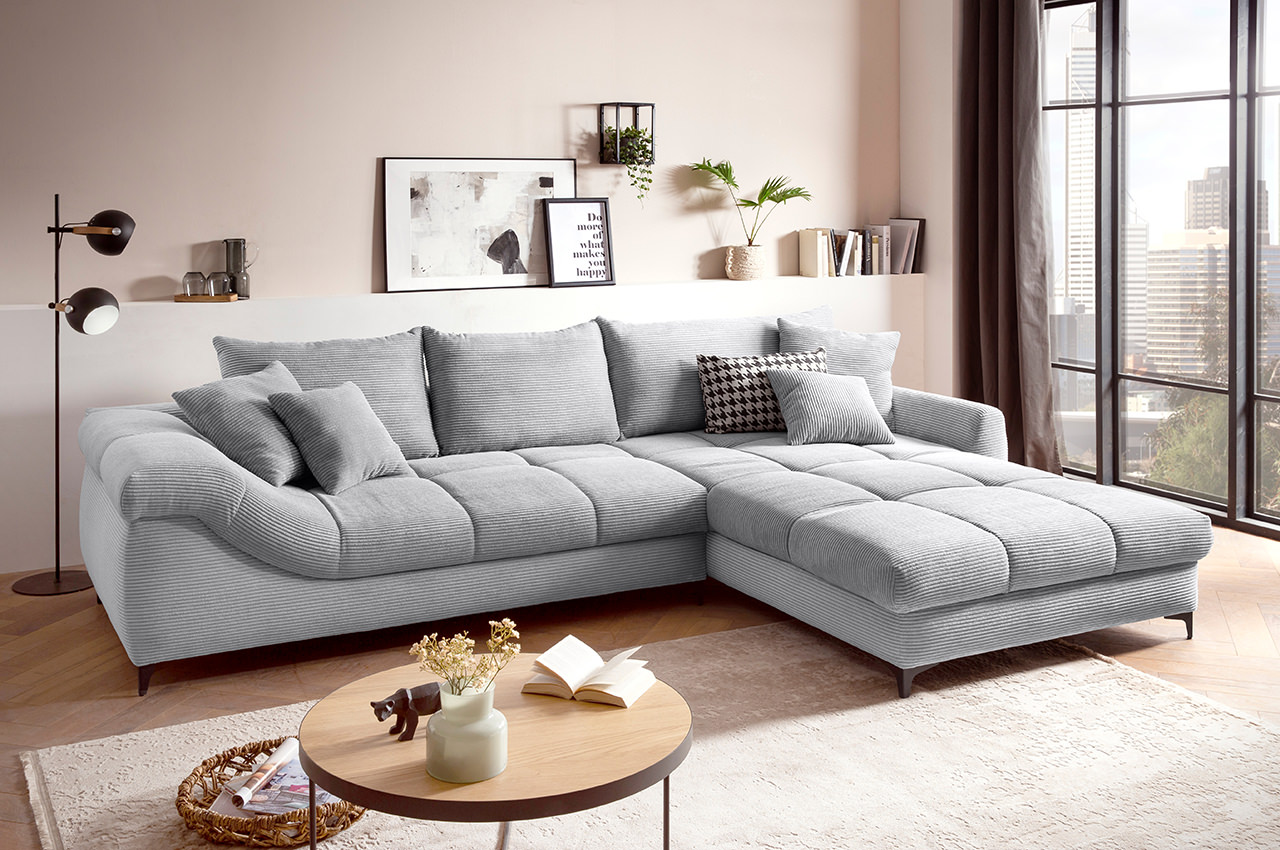 ronaldo ecksofa recamiere rechts cord stripes 8637 grau milieubild 1