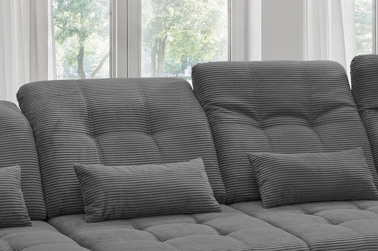 rigatti benformato wohnlandschaft rechts cordstoff 4801 anthrazit detailbild bettkasten nierenkissen