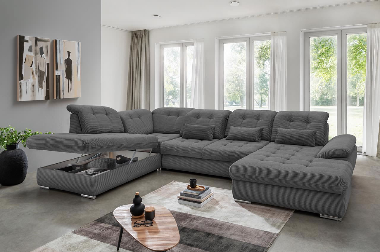 rigatti benformato wohnlandschaft links cordstoff 4801 anthrazit milieubild mit bettkasten