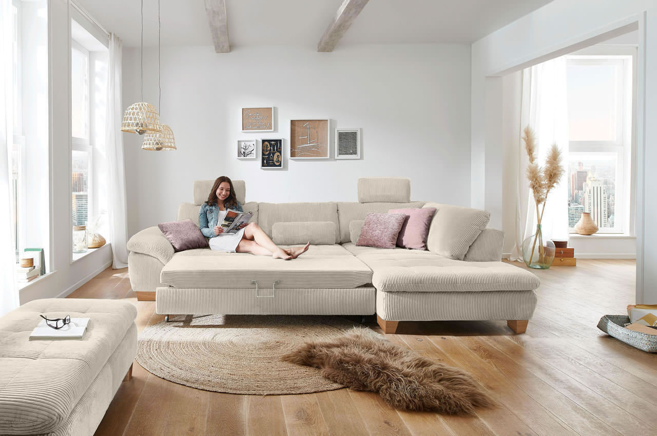 mp in14007 ecksofa rechts cord beige milieu schlaffunktion mit frau