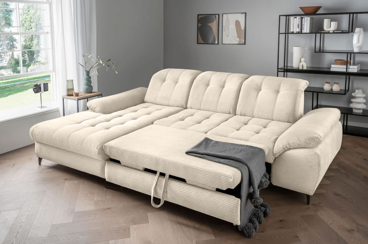 benformato delphino ecksofa variante links cord 4808 beige milieubild schlaffunktion