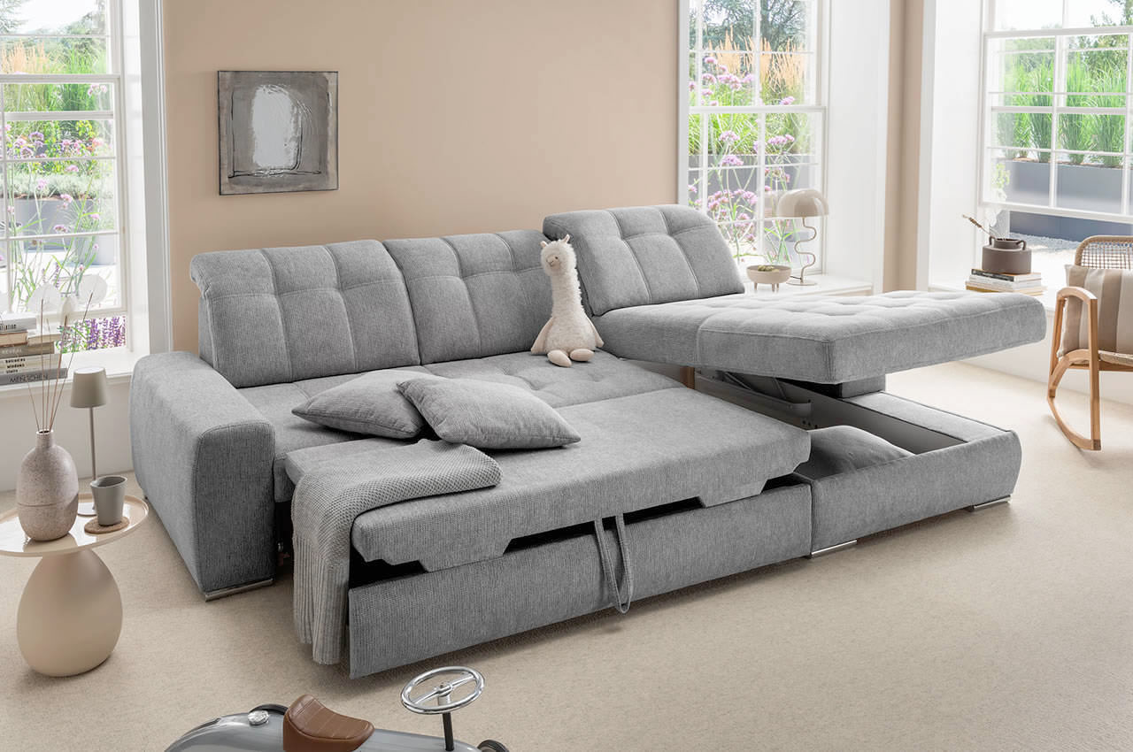 benformato ecksofa frido rechts stoff corto 9752 silber milieubild schlaffunktion