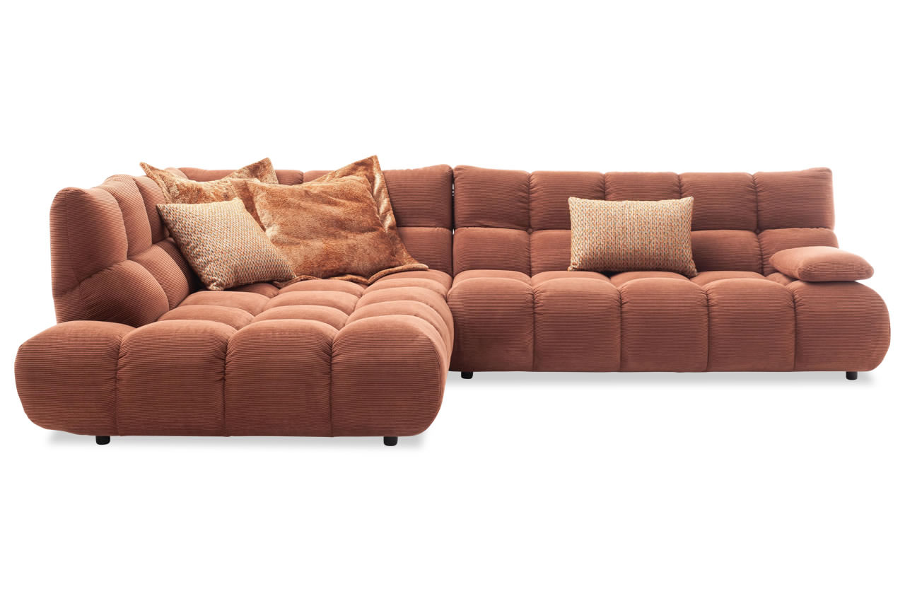graceland candy ecksofa links feincord rusty frontansicht mit dekokissen