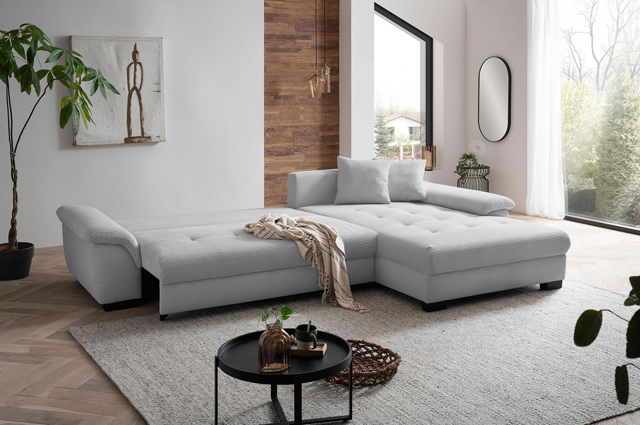 dario ecksofa recamiere rechts cord stripes 8637 grau milieubild mit schlaffunktion