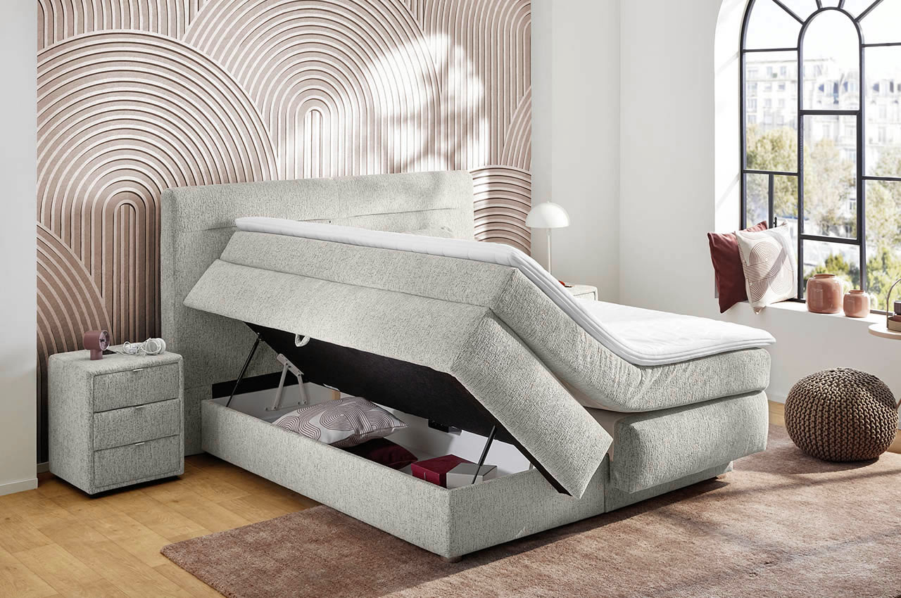 simone boxspringbett 160x200 hellgrau milieubild mit bettkasten links offen