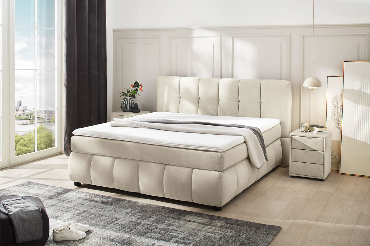 cora boxspringbett 180x200 flachgewebe 438 07 beige milieubild cora boxspringbett 180x200 flachgewebe 438 07 beige milieubild