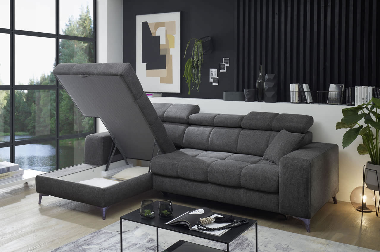 Ecksofa Sydney 2 links Glow 19 Anthrazit Bettkasten Milieu