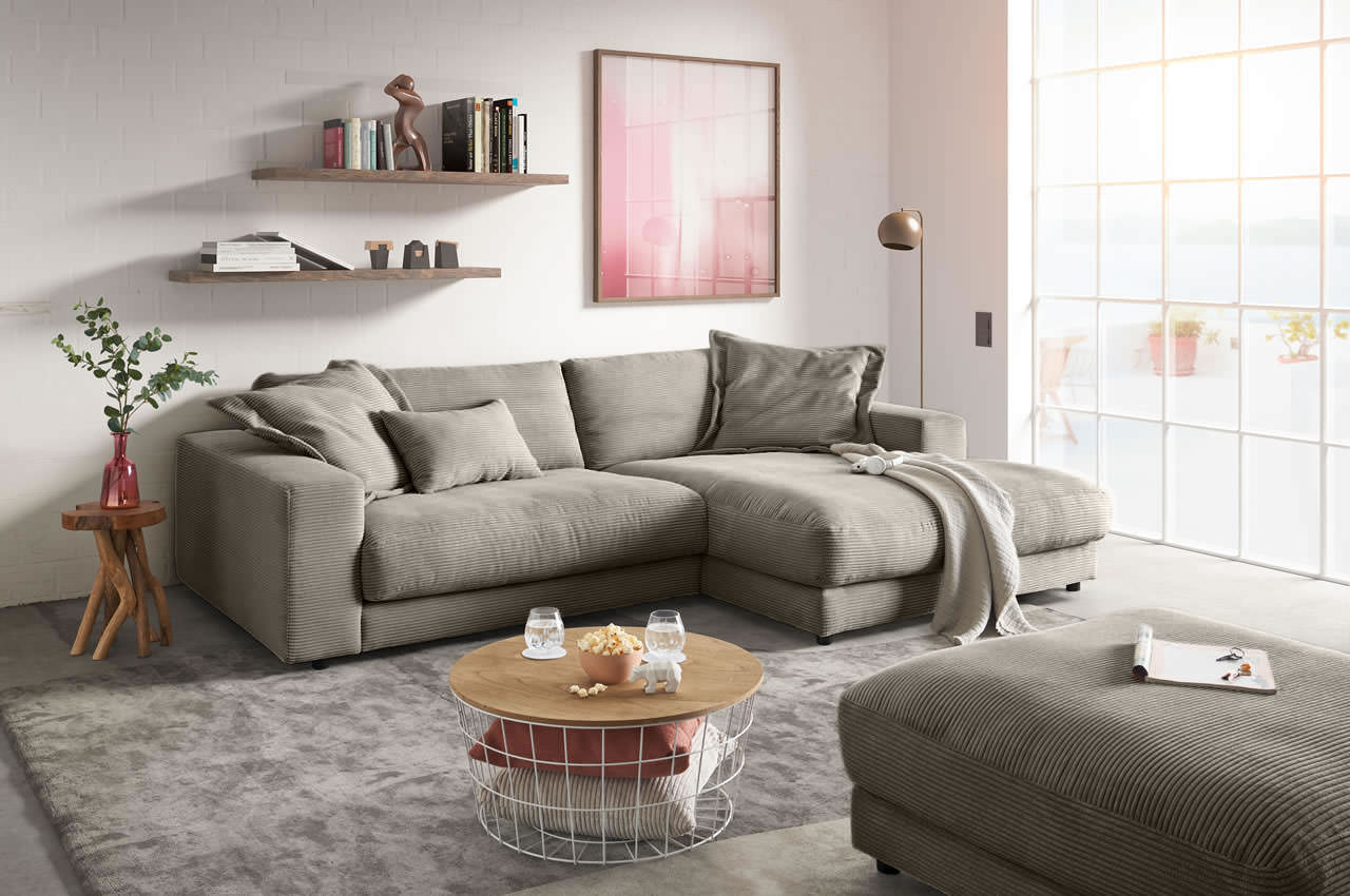 candy high end ecksofa mit longchair rechts cord taupe milieu