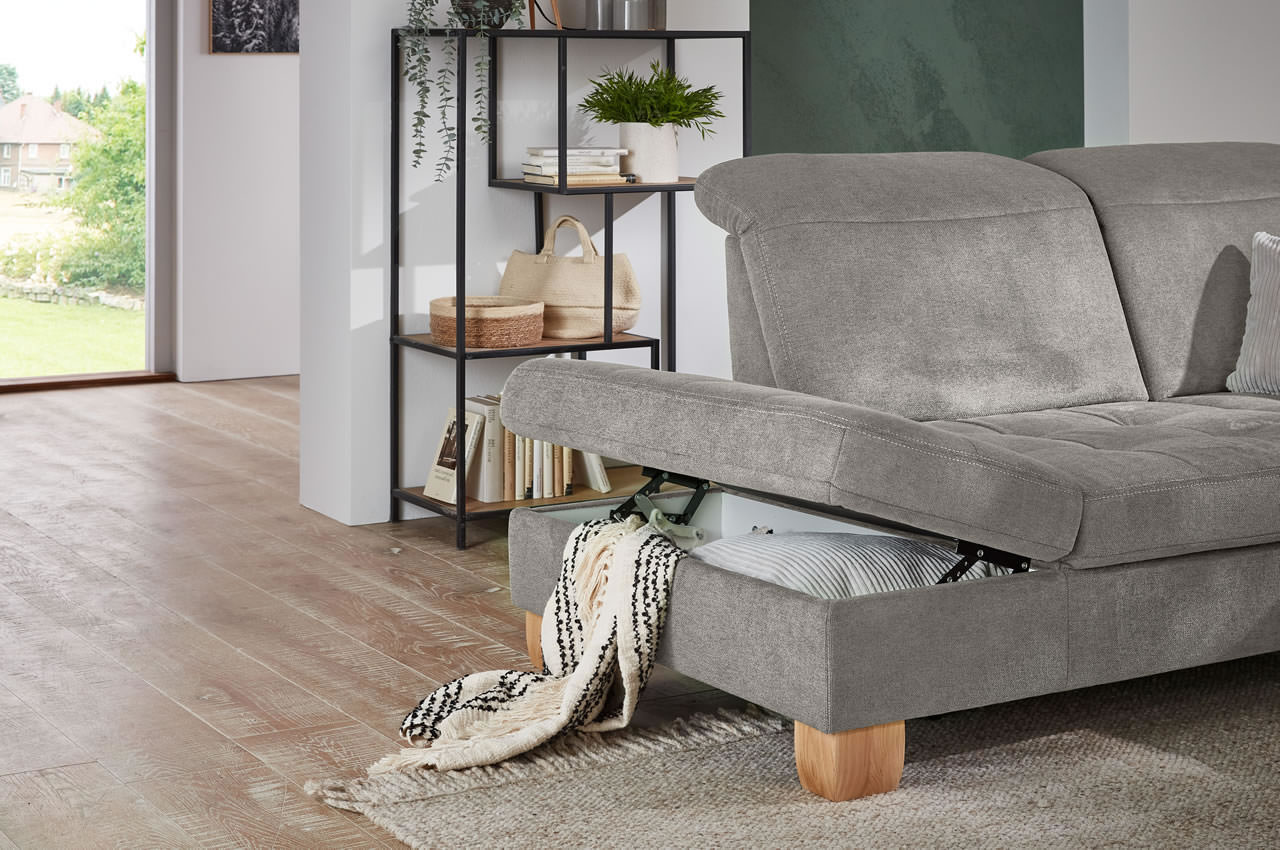la23145 la16029 ecksofa inessa links stoff cyber farbe grau milieubild bettkasten detailbild