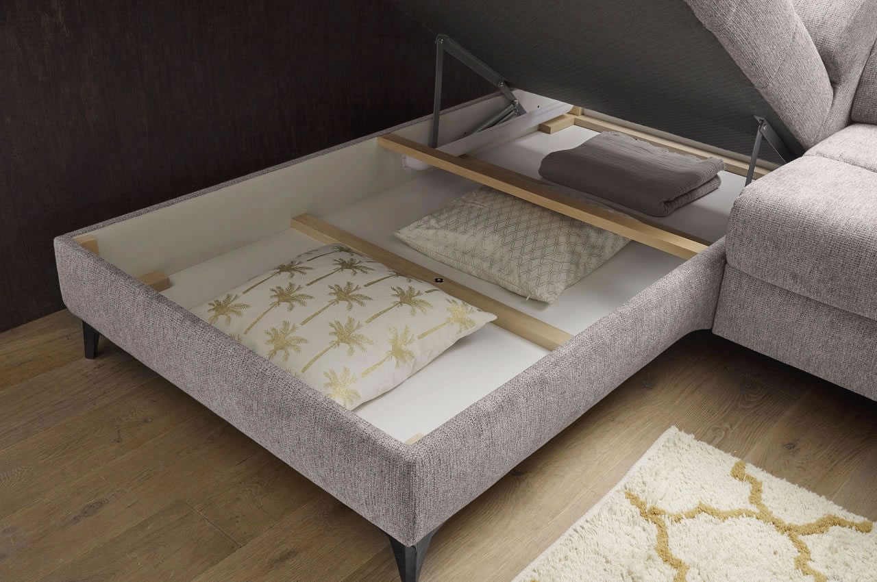 Ecksofa Sydney 2 Ottomane links Glow 05 Taupe Bettkasten Detail