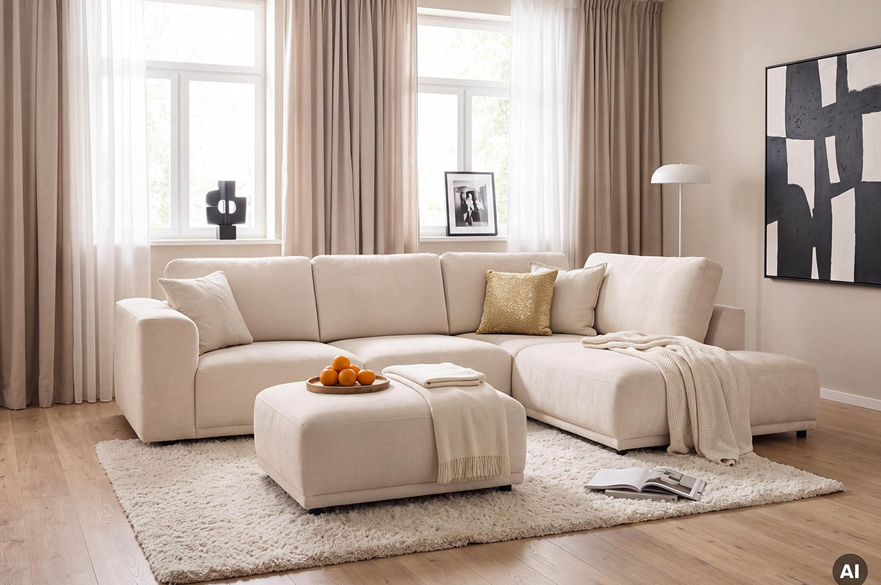 ecksofa noeva rechts stoff roma natur milieubild mit hocker