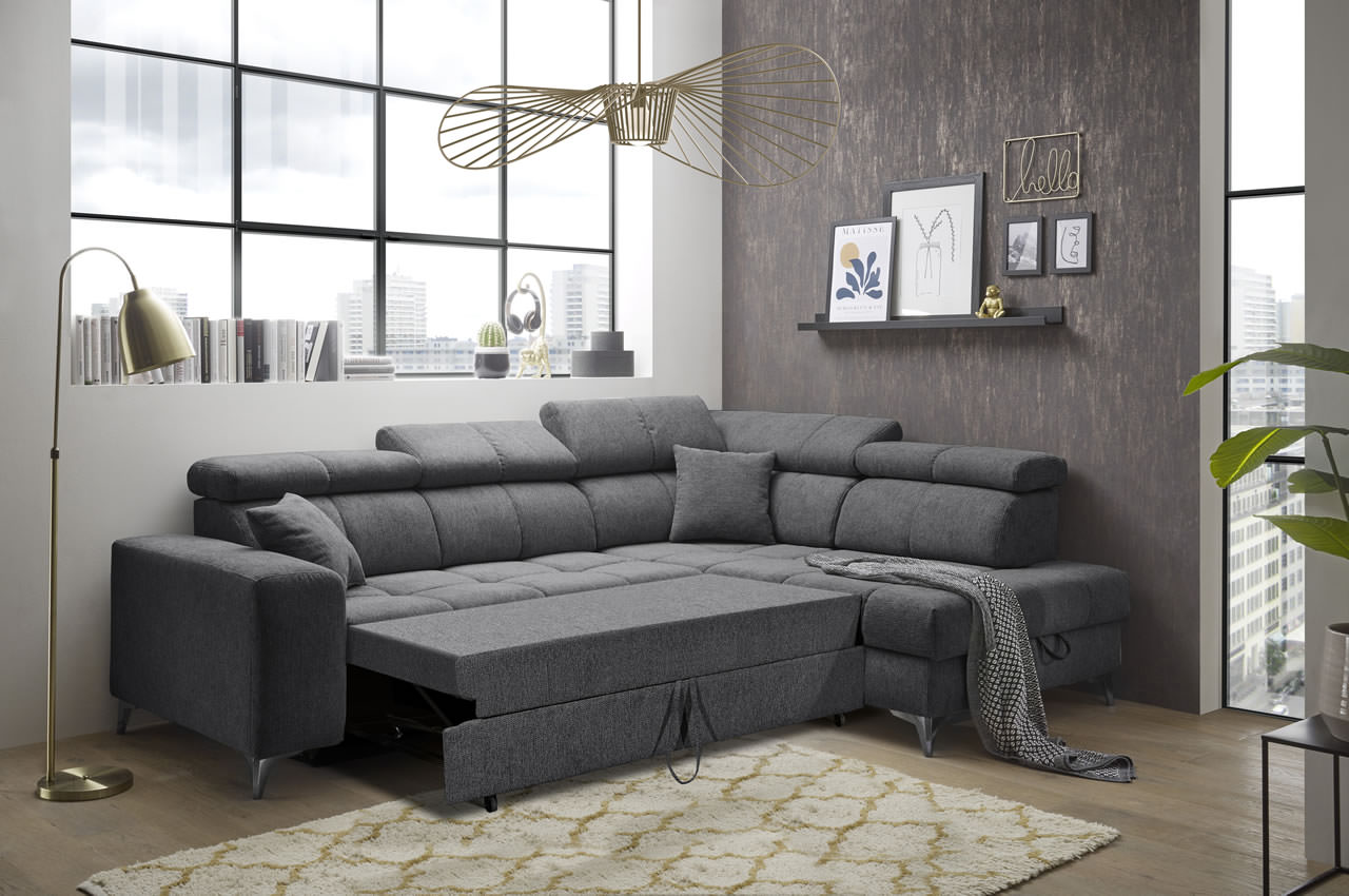 Ecksofa Sydney 2 Ottomane rechts Glow 19 Anthrazit Bettfunktion Milieu