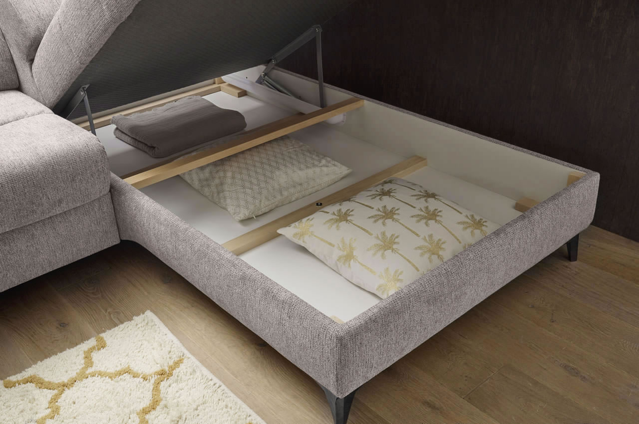 Ecksofa Sydney 2 Ottomane rechts Glow 05 Taupe Bettkasten Detail