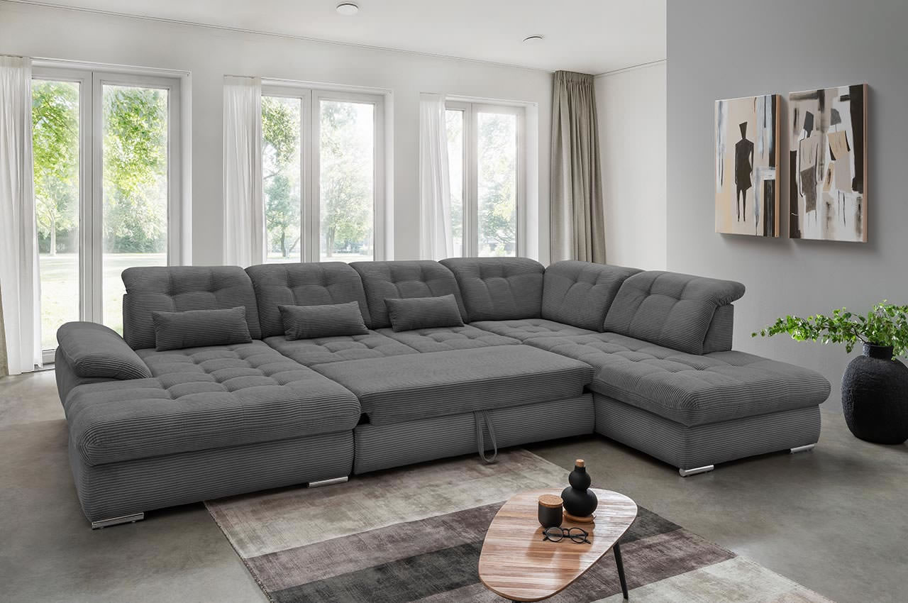 rigatti benformato wohnlandschaft rechts cordstoff 4801 anthrazit milieubild mit schlaffunktion