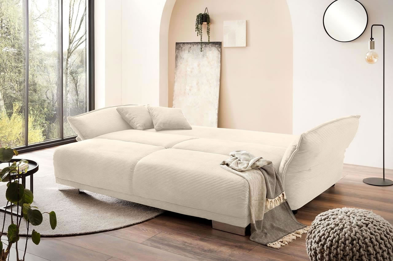 benformato schlafsofa pera cord stoff 4808 beige milieubild mit schlaffunktion