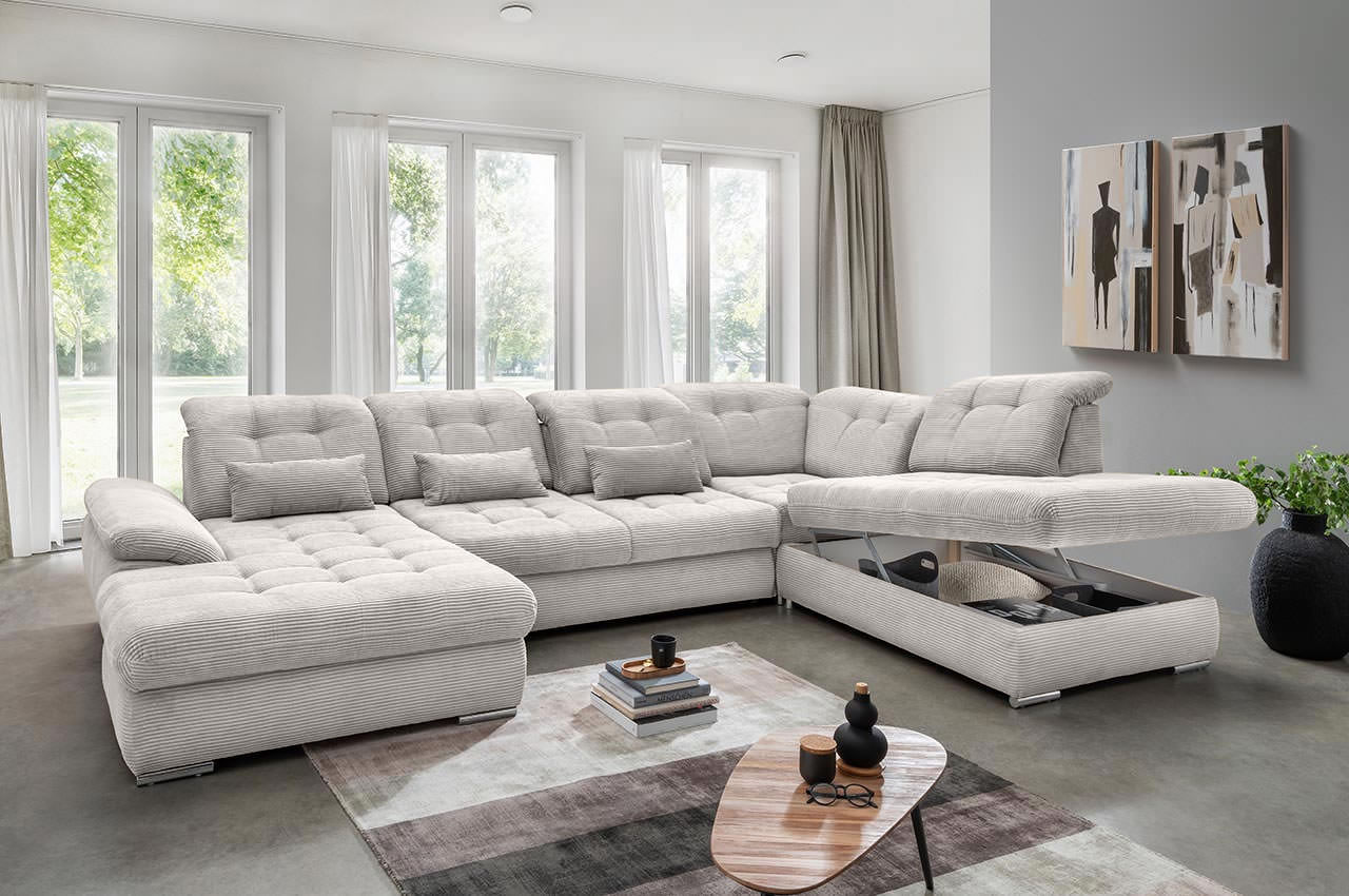 rigatti benformato wohnlandschaft rechts cordstoff 4802 silber milieubild mit bettkasten rigatti benformato wohnlandschaft rechts cordstoff 4802 silber milieubild mit bettkasten