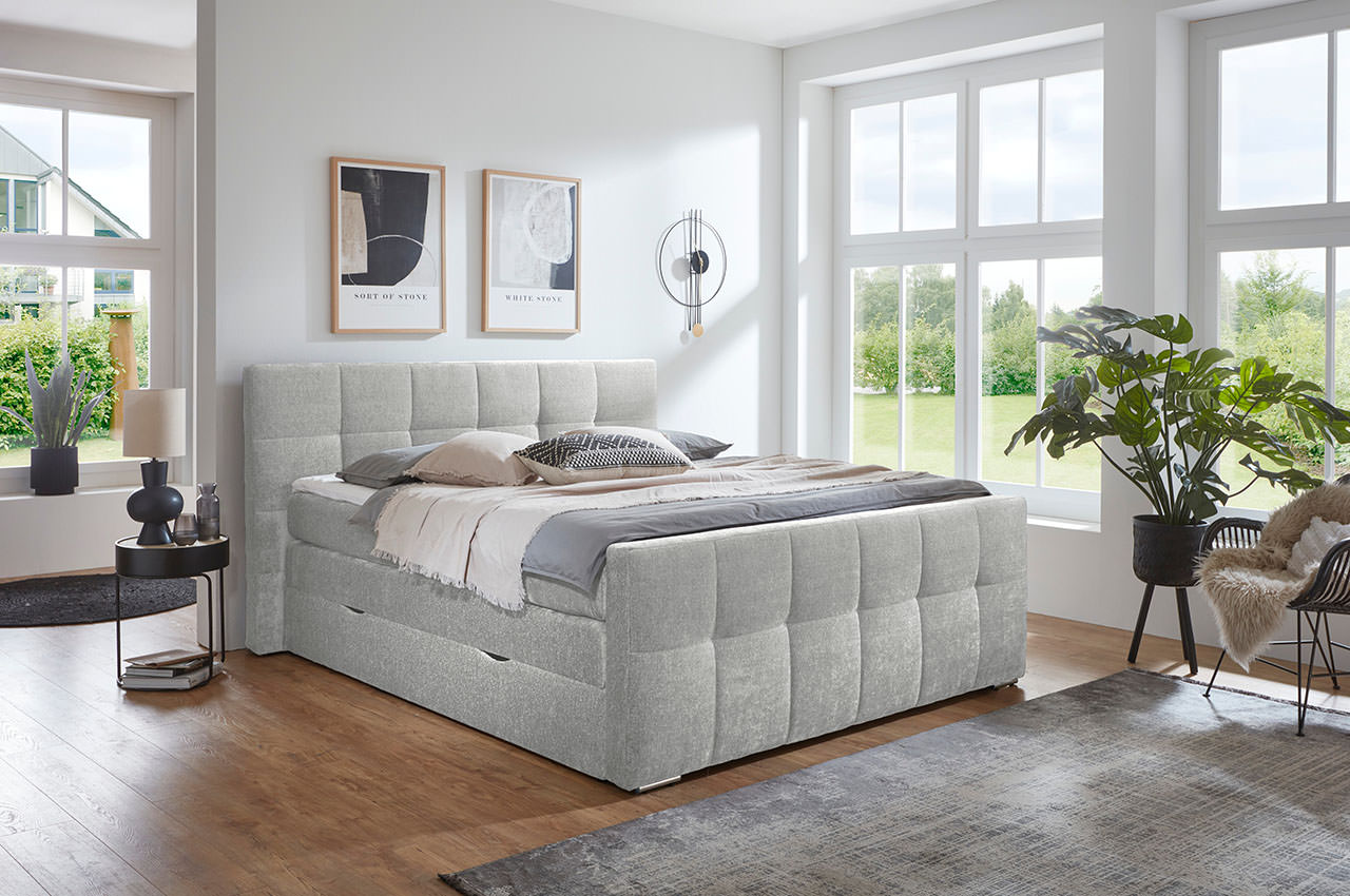ratio boxspringbett 180x200 stoff loris 80 silber milieubild mit bettwaesche