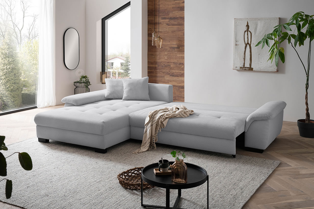 dario ecksofa recamiere links cord stripes 8637 grau milieubild mit schlaffunktion