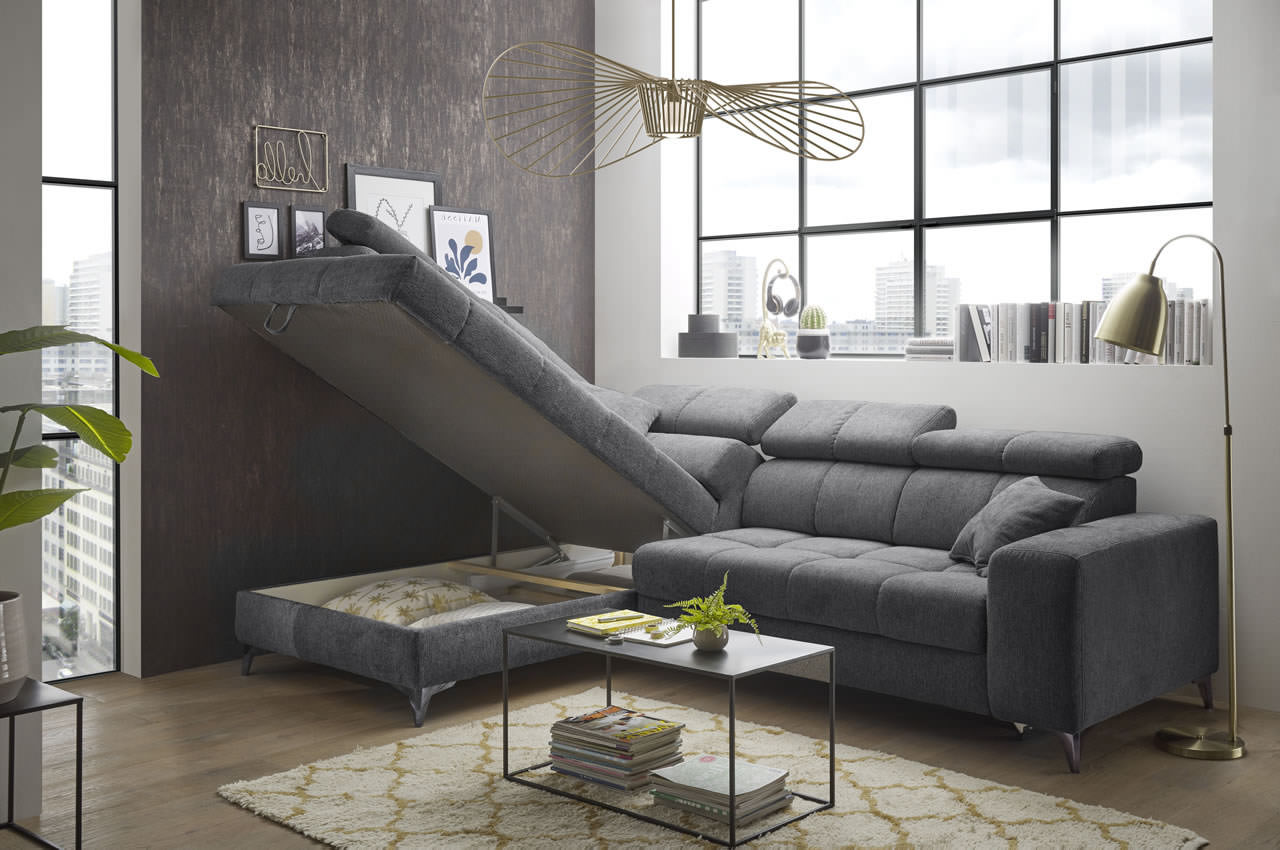Ecksofa Sydney 2 Ottomane links Glow 19 Anthrazit Bettkasten Milieu