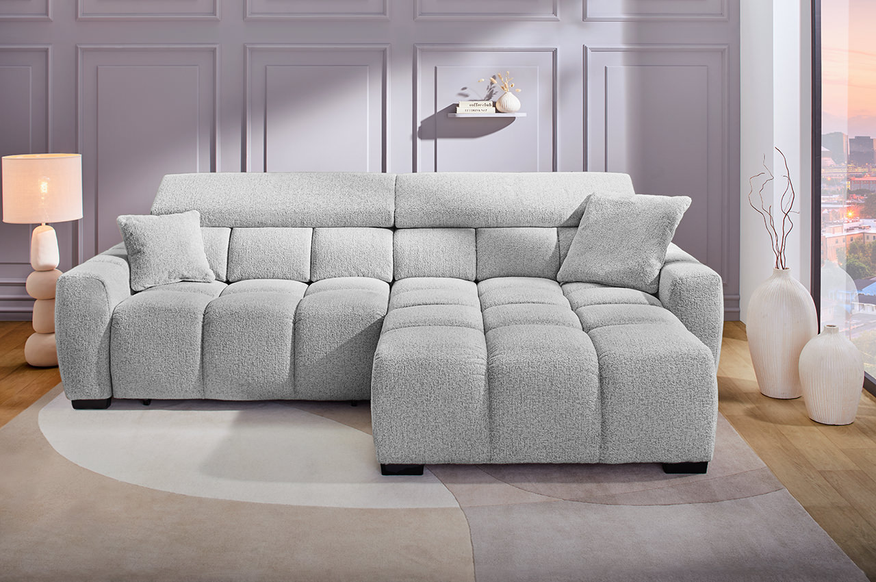 ecksofa lounge rechts 432 19 hellgrau milieubild mit kopfteilverstellung