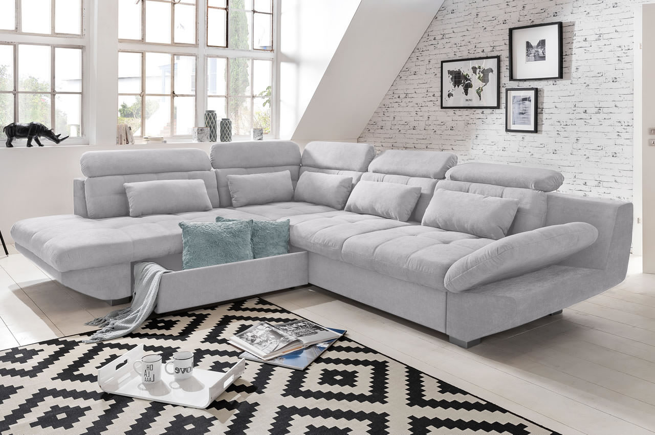 Eternity Ecksofa links Boston F009 Silber Milieu Bettkasten