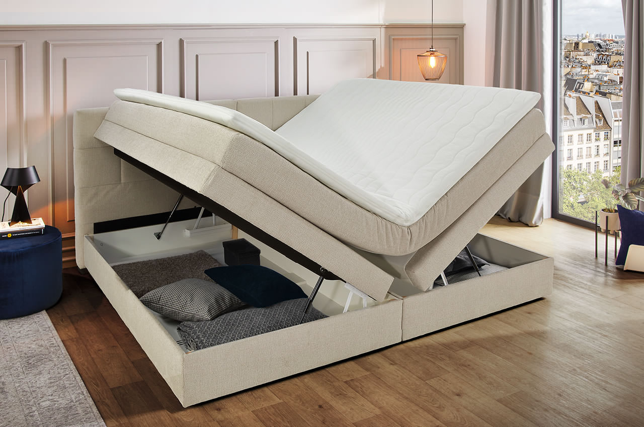 casa grande boxspringbett 240x200 stoff 444 17 beige milieubild mit bettkasten casa grande boxspringbett 240x200 stoff 444 17 beige milieubild mit bettkasten
