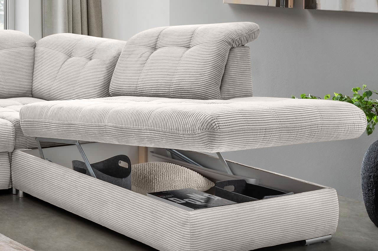 rigatti benformato wohnlandschaft rechts cordstoff 4802 silber detailbild bettkasten rigatti benformato wohnlandschaft rechts cordstoff 4802 silber detailbild bettkasten