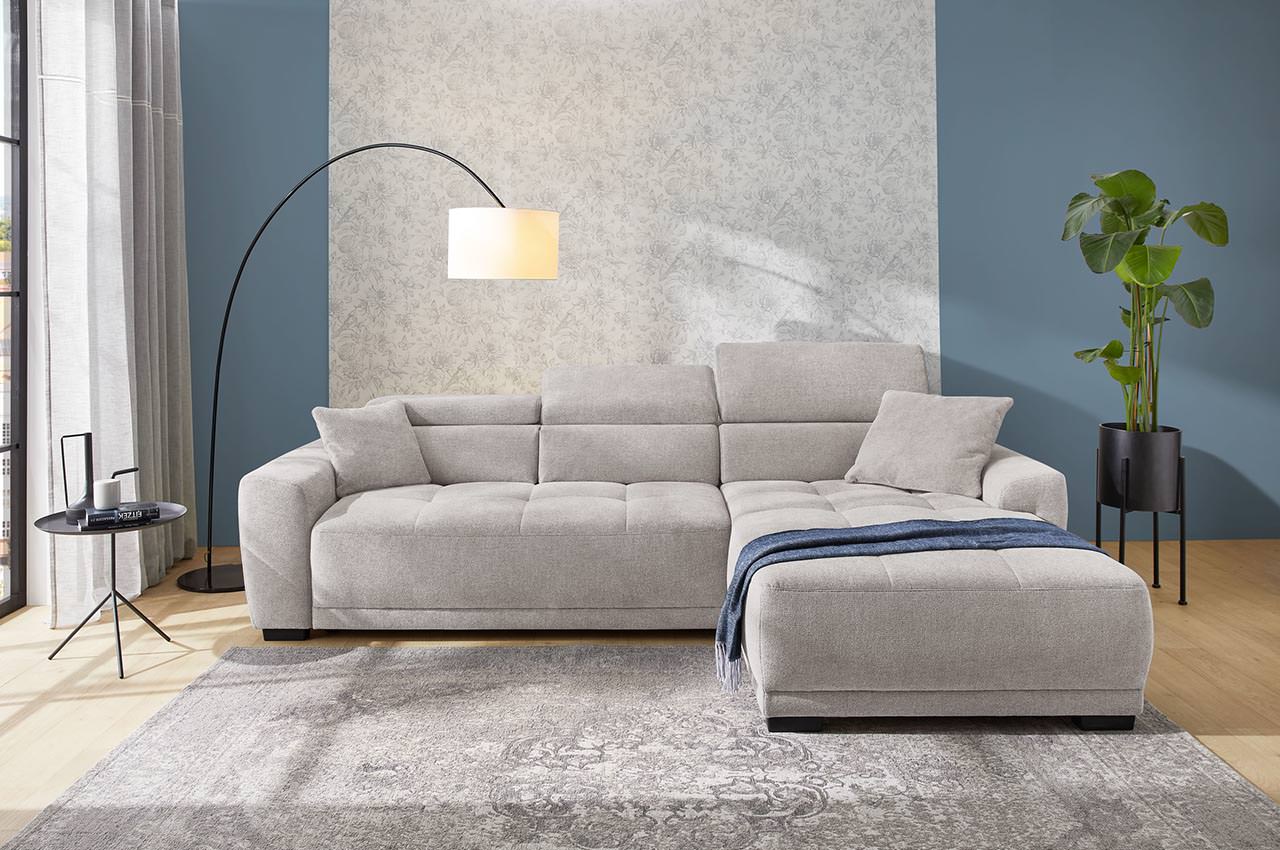 domino ecksofa variante rechts stoff 430 29 hellgrau milieubild mit kopfteilverstellung 1
