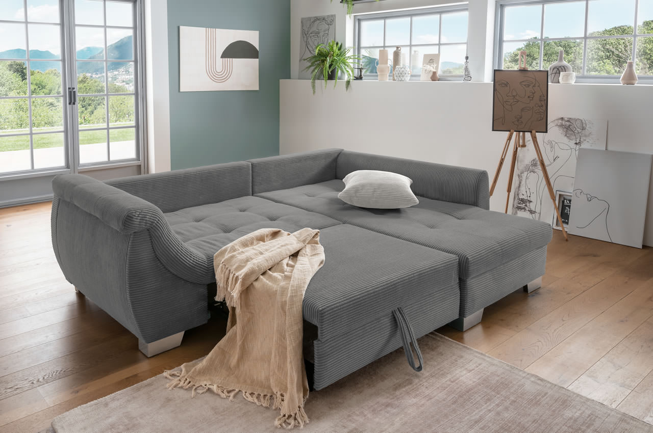 flora ecksofa rechts 4801 cord grau zierkissen 4802 cord silber schlaffunktion ambiente