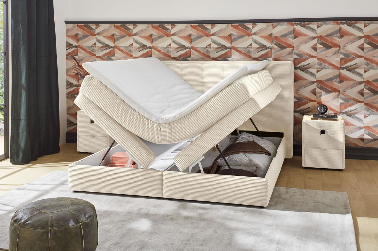 amy boxspringbett 180x200 cord 426 07 farbe beige milieubild mit bettkasten
