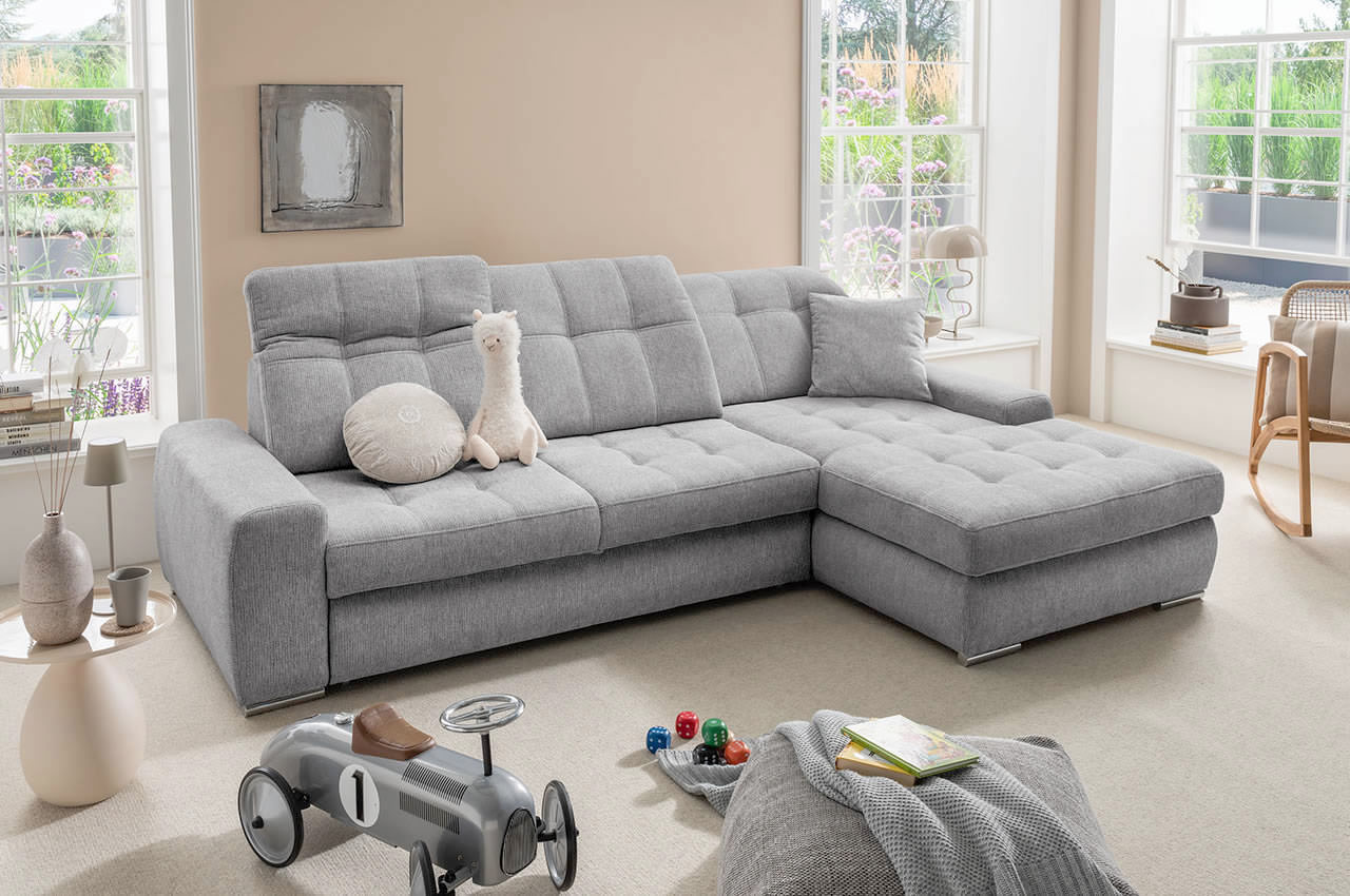 benformato ecksofa frido rechts stoff corto 9752 silber milieubild sitztiefenverstellung