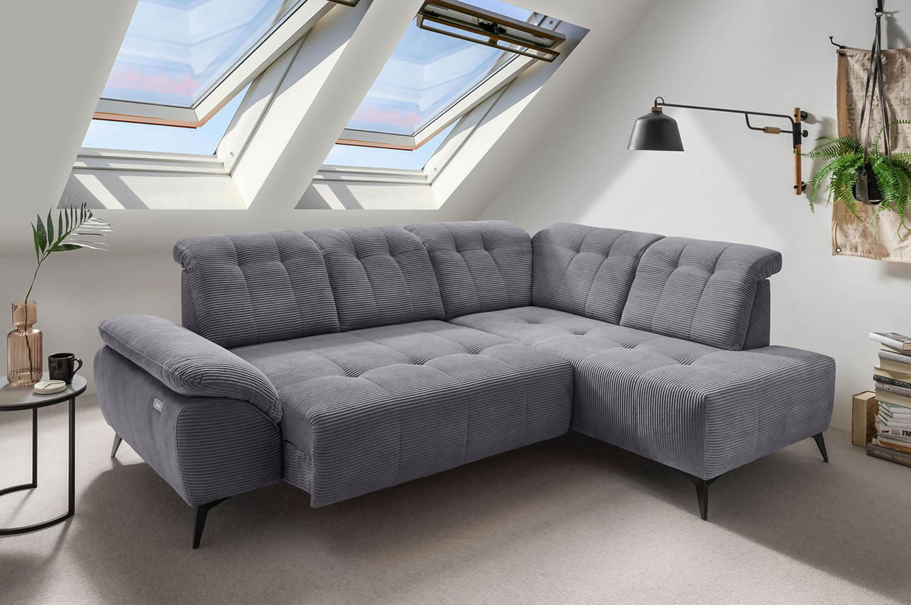 benformato fiore ecksofa rechts cord 4801 grau milieubild mit sitzverstellung